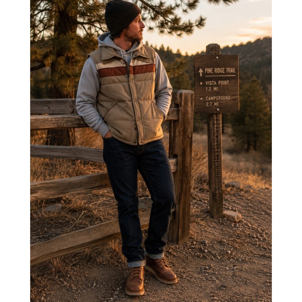 Waterworks USA Outerwear Mens Vintage Puffer Vest Tan Striped Snap Front Medium